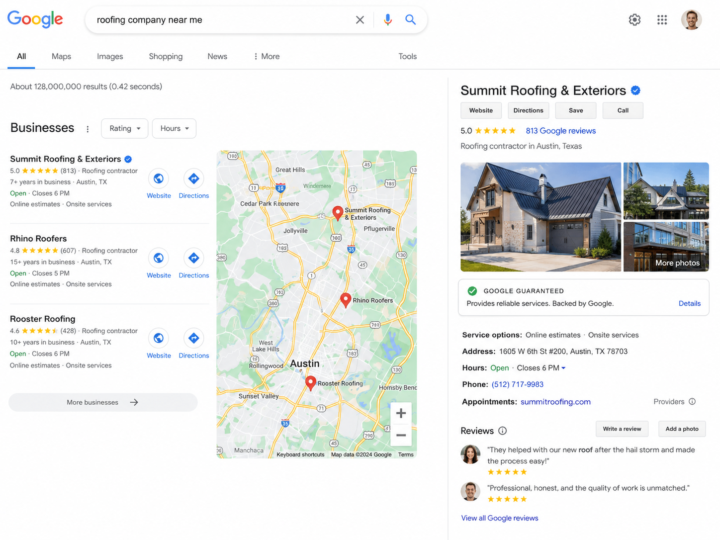Google search results for a roofing company with an optimized Business Profile ranked first