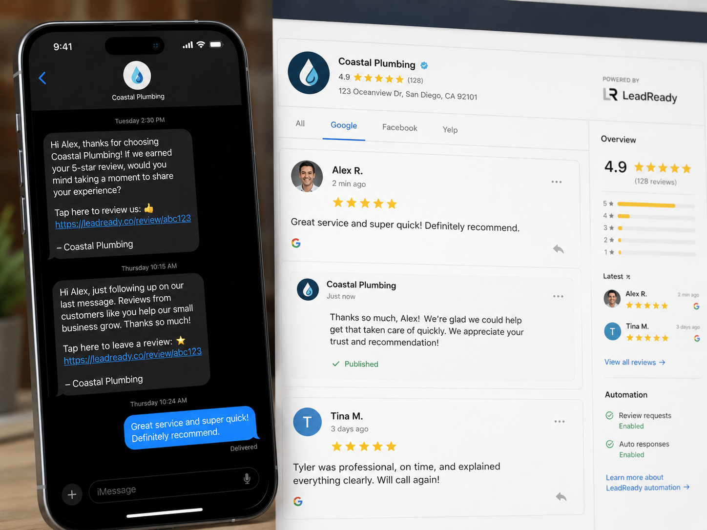 Automated review request text message and the 5-star review it generated