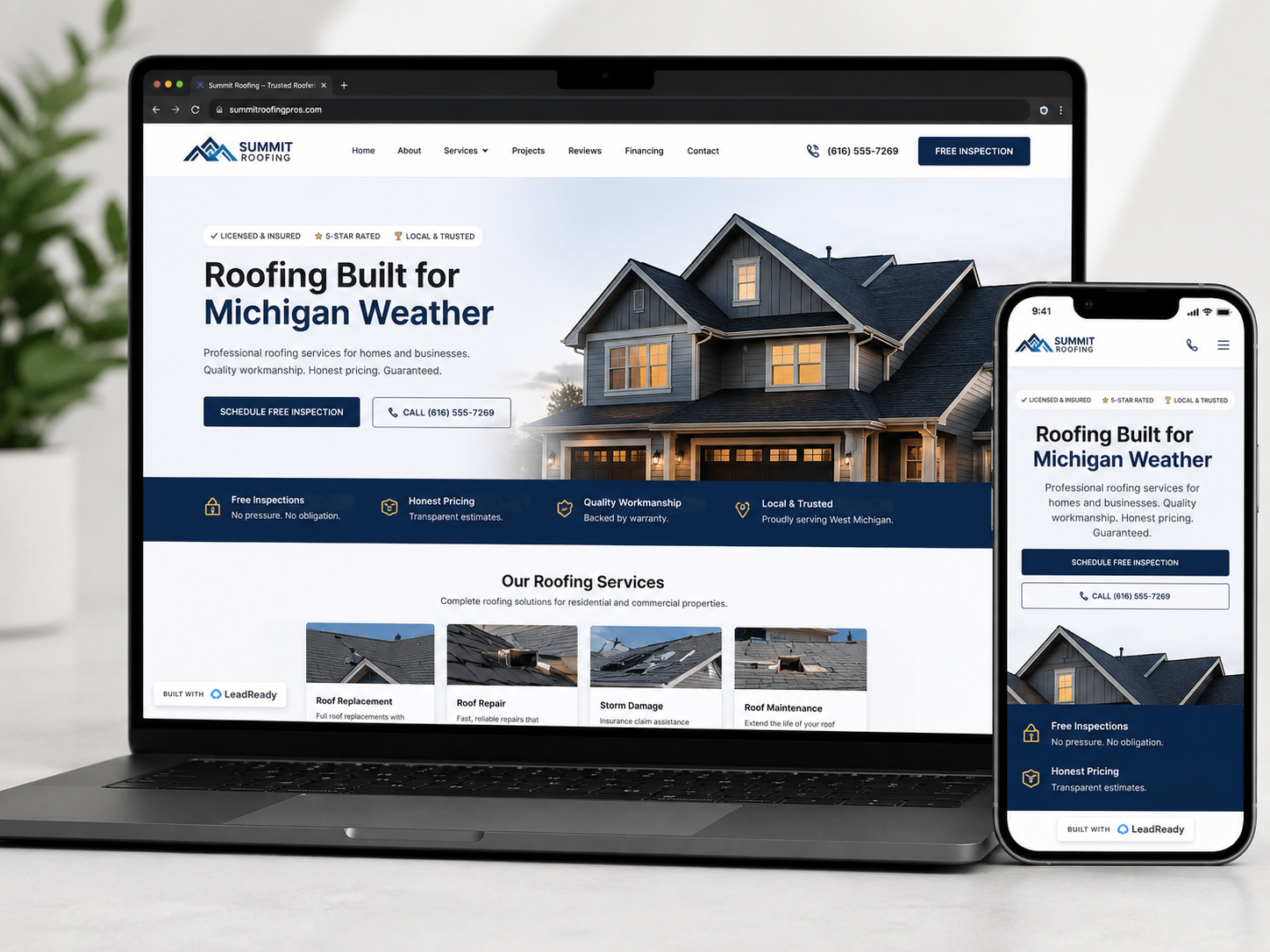A LeadReady-built roofing website shown on laptop and phone